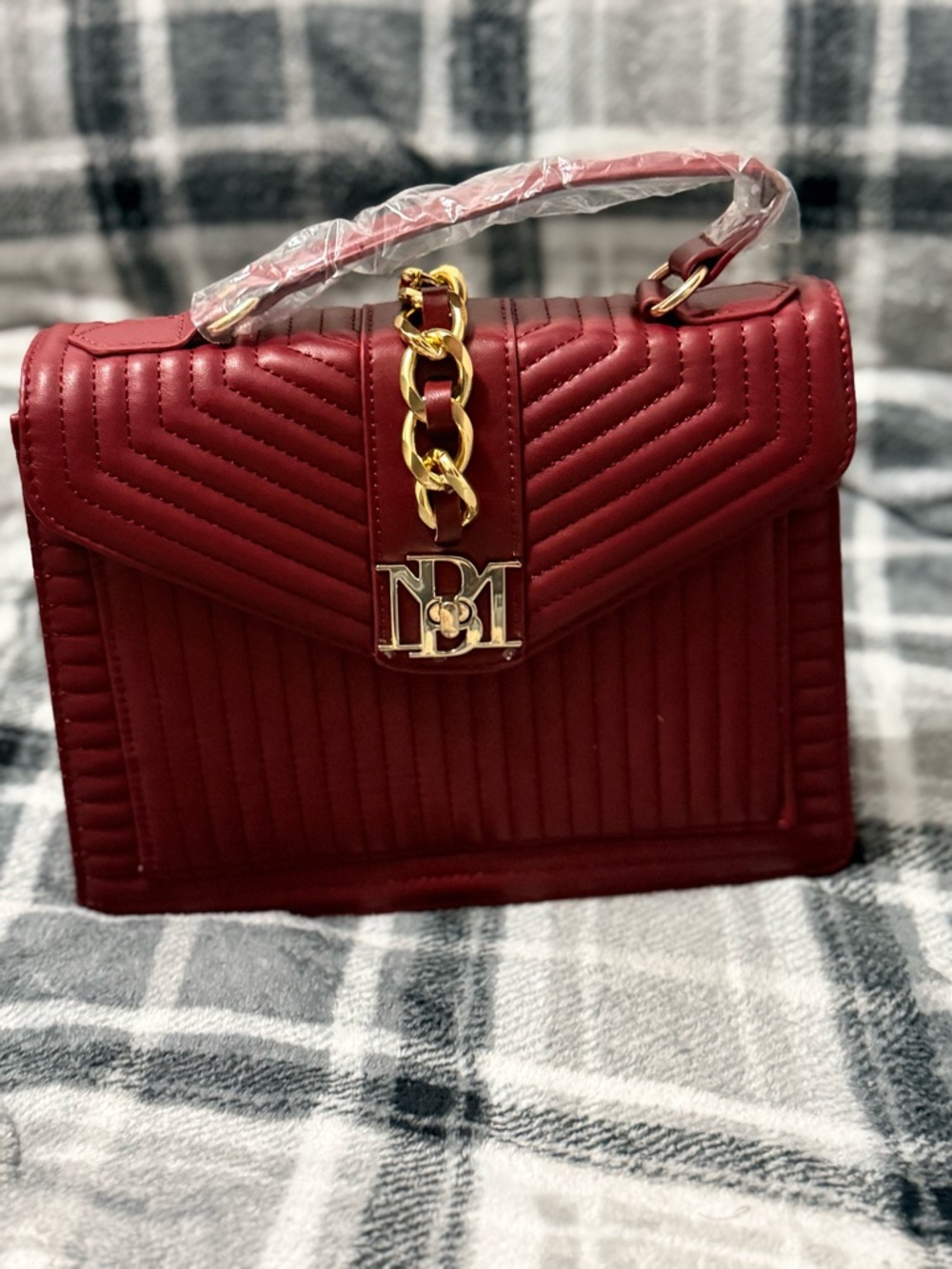 Badgley Mischka Quilted Burgundy Satchel with Gold Chain